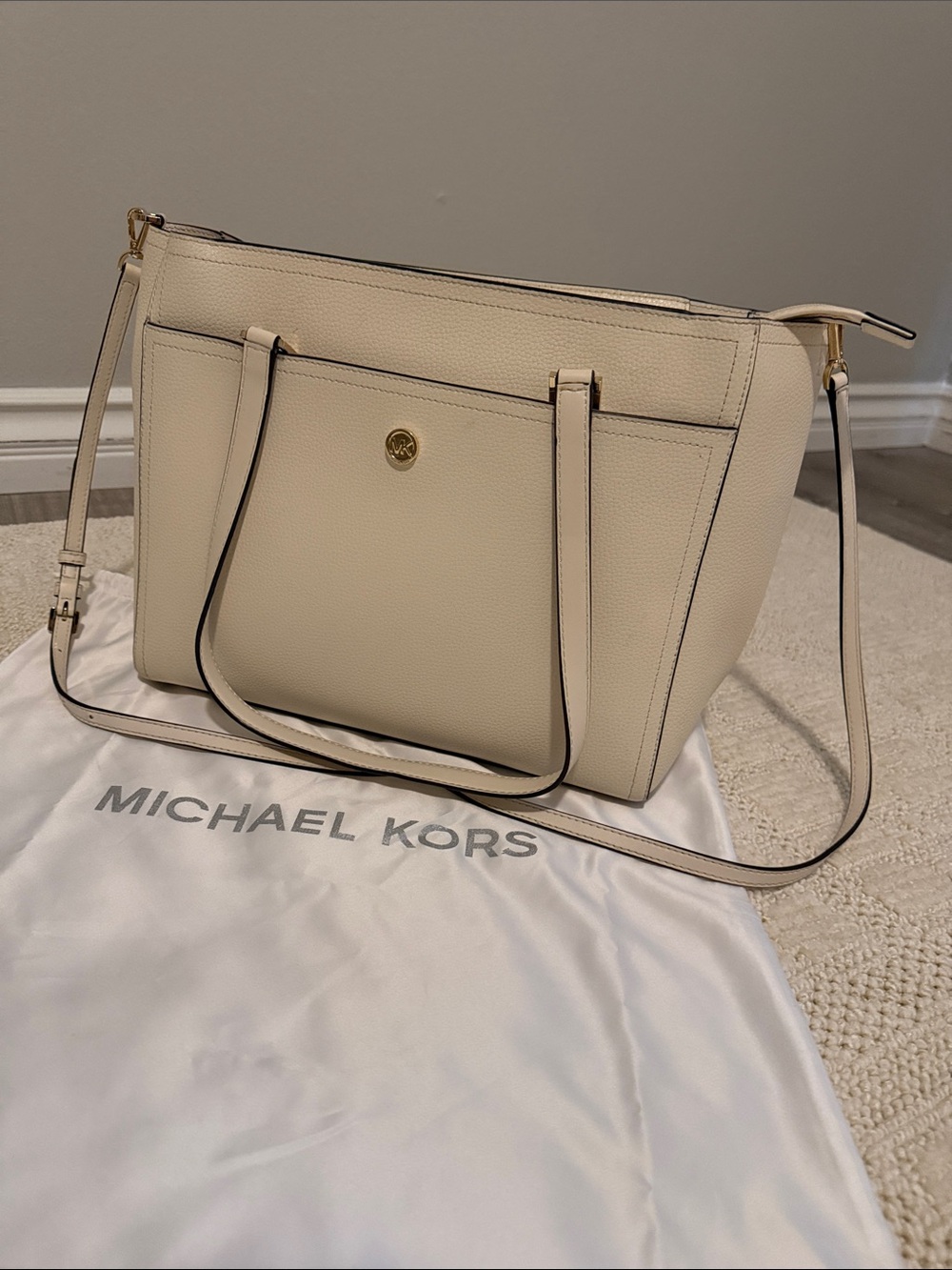 Michael Kors Ivory Pebbled Leather Tote with Crossbody Strap